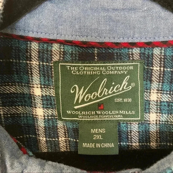 Woolrich 100% cotton plaid blue  button down shirt - Picture 2 of 6